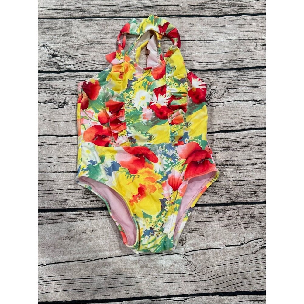 Gap Kids Floral Ruffle One-Piece Swimsuit, Yellow Multi, Crisscross Straps 2t